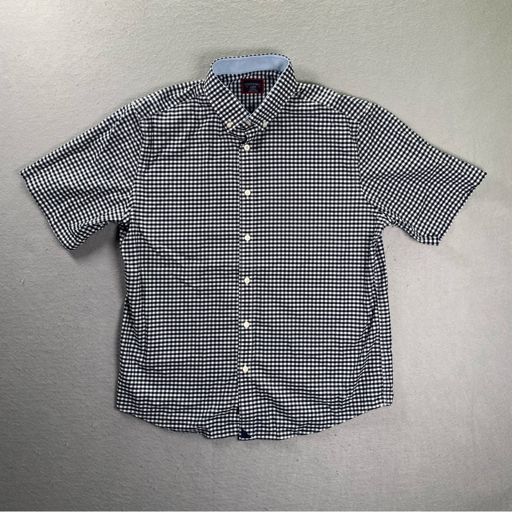 UNTUCKit Classic Fit Shirt Mens Large Gingham Navy Blue Short Sleeve